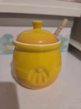 Creative Co-Op Bright Yellow Ceramic Jar with Wood Dipper